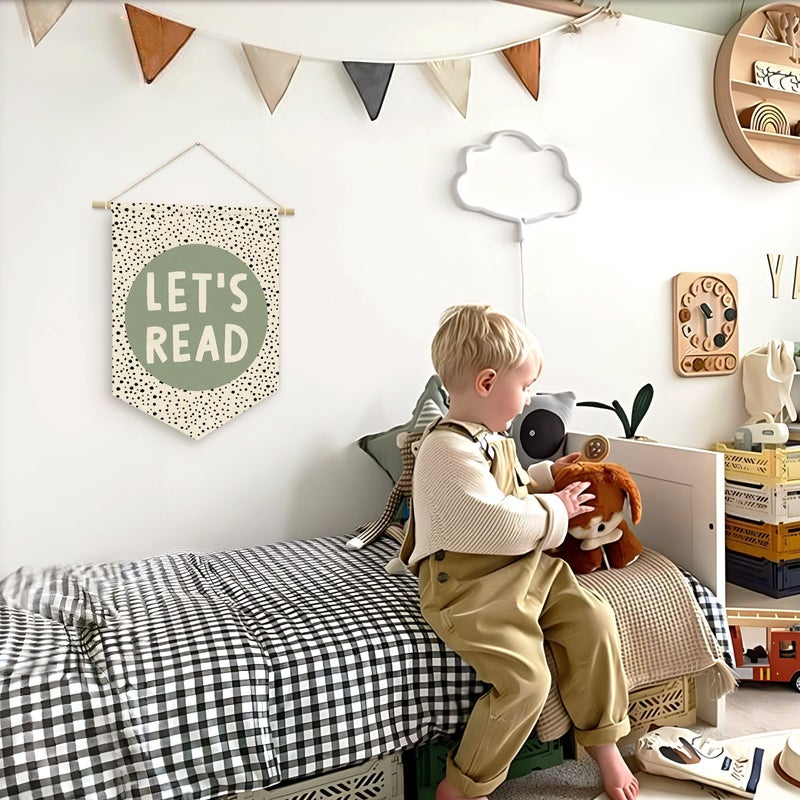 ETVISO Let's Read Sage Green Banner, Boho Classroom Decor, Trendy Black Dots Wall Hanging Pennant Flag Banner Decor for Reading Corner Nook - Image 4